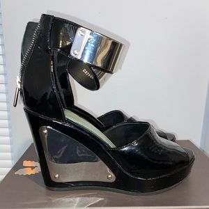 Black Italian pantent leather wedges with metal
